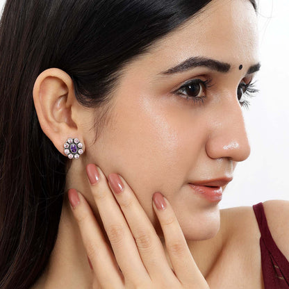 Oxidized Oval Purple Stone Studded Silver Stud
