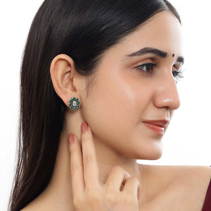 Oxidized Silver Green Stone Stud Earrings