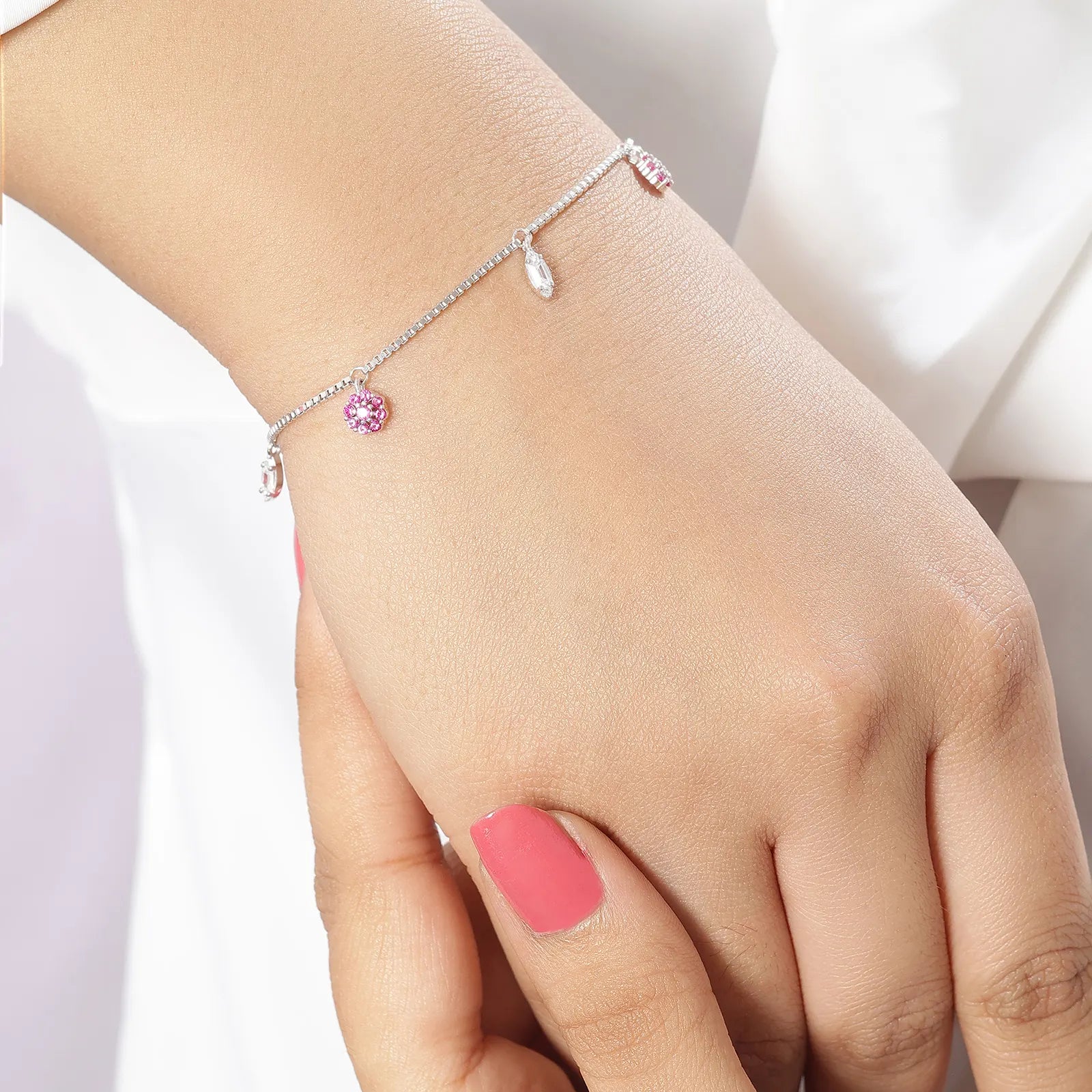 Silver Pink Floral Leaf Bracelet - Tweov Jewels