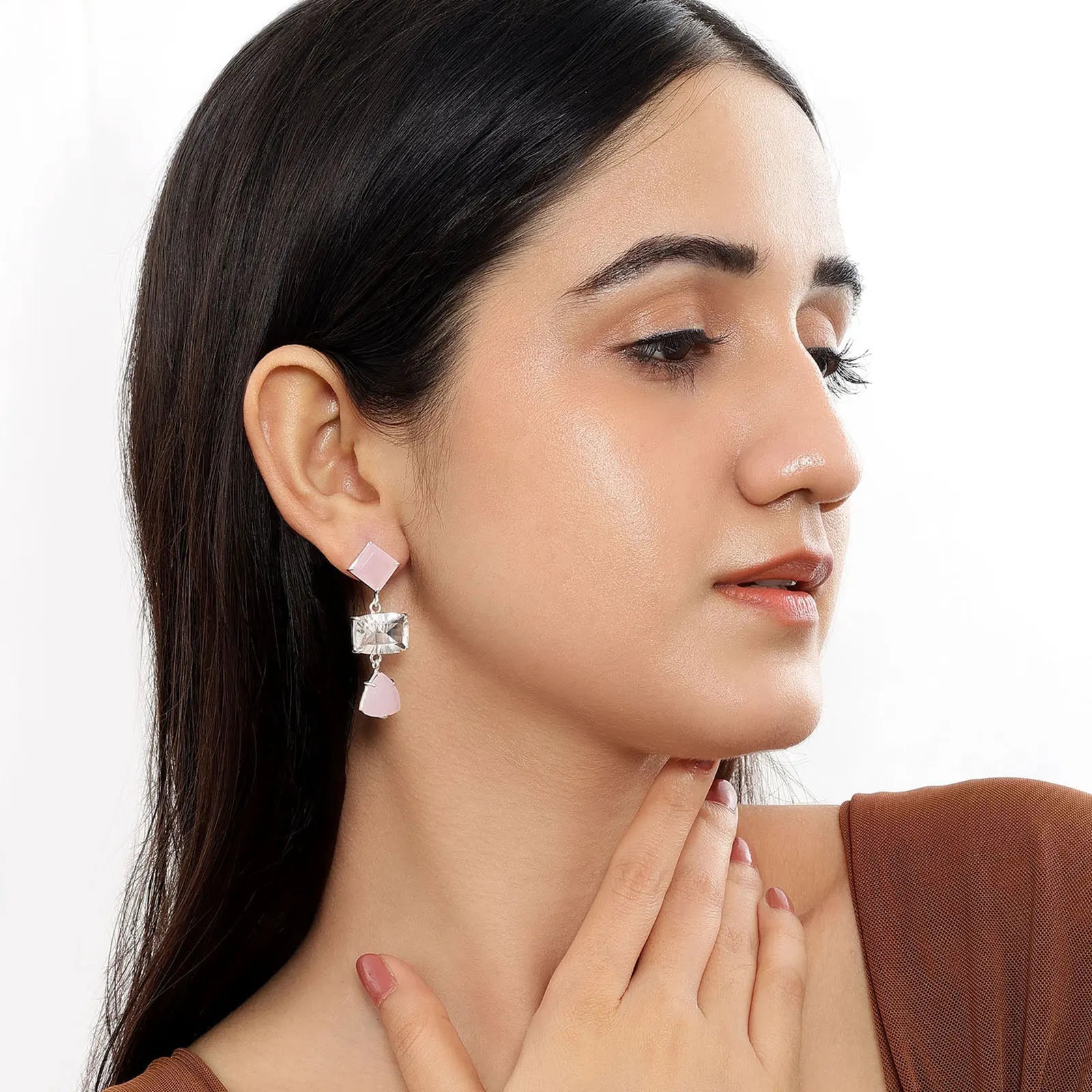 Multicut Pink Stone Long Silver Earrings