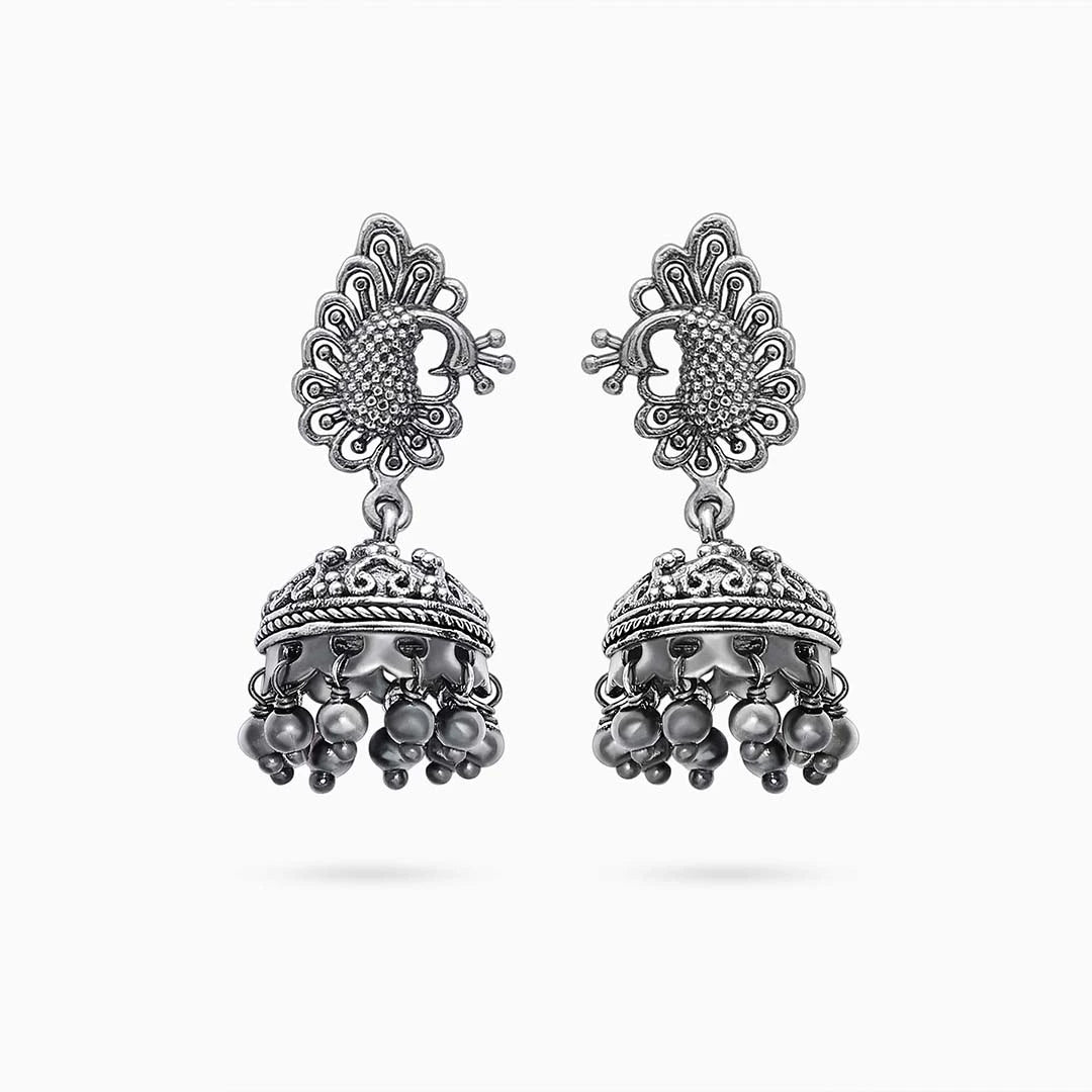 bollywood jhumka earrings - Silver bollywood jhumka earrings &#8211; Oxidised Peacock Engraved Jhumka