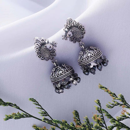Oxidised Jhumka - Silver bollywood jhumka earrings &#8211; Oxidised Peacock Engraved Jhumka