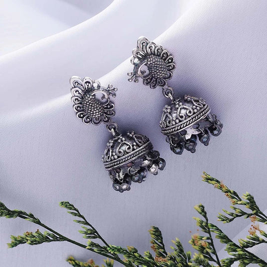 Oxidised Jhumka - Silver bollywood jhumka earrings &#8211; Oxidised Peacock Engraved Jhumka