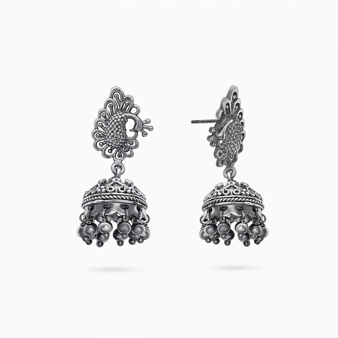 big silver earrings - Silver bollywood jhumka earrings &#8211; Oxidised Peacock Engraved Jhumka