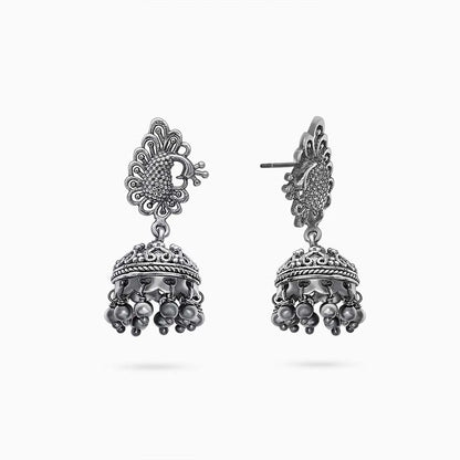 big silver earrings - Silver bollywood jhumka earrings &#8211; Oxidised Peacock Engraved Jhumka