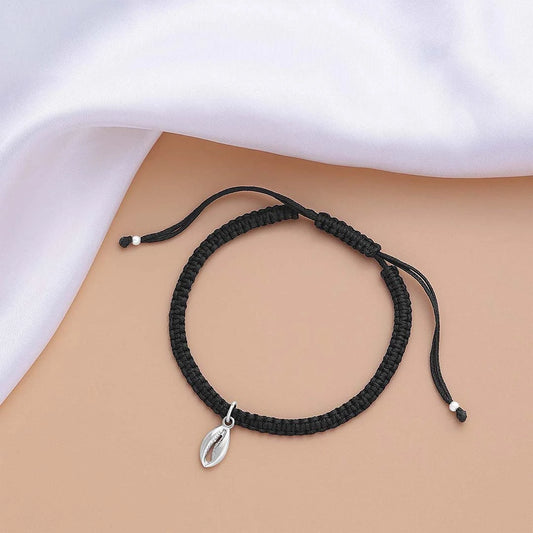 Silver anklets - Pure 925 Silver Anklet &#8211; Black Threaded With Seashell