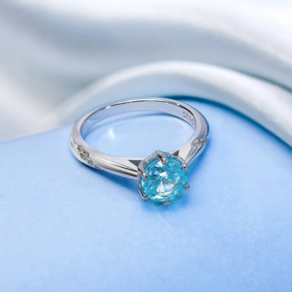Blue Round Cut Solitaire Diamond Silver Ring