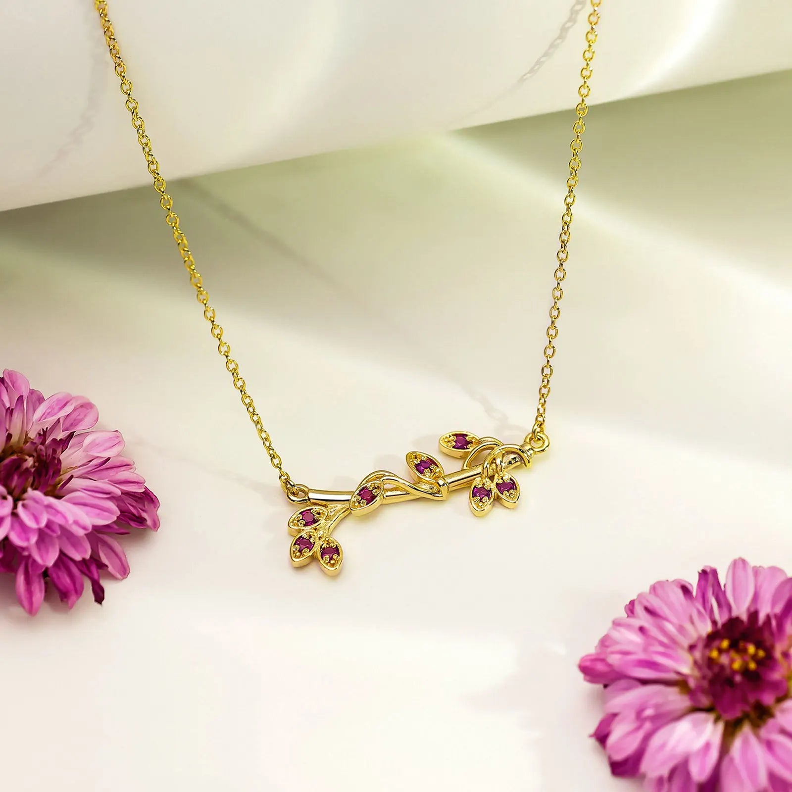 Gold Plated Pink Leaf Silver Necklace