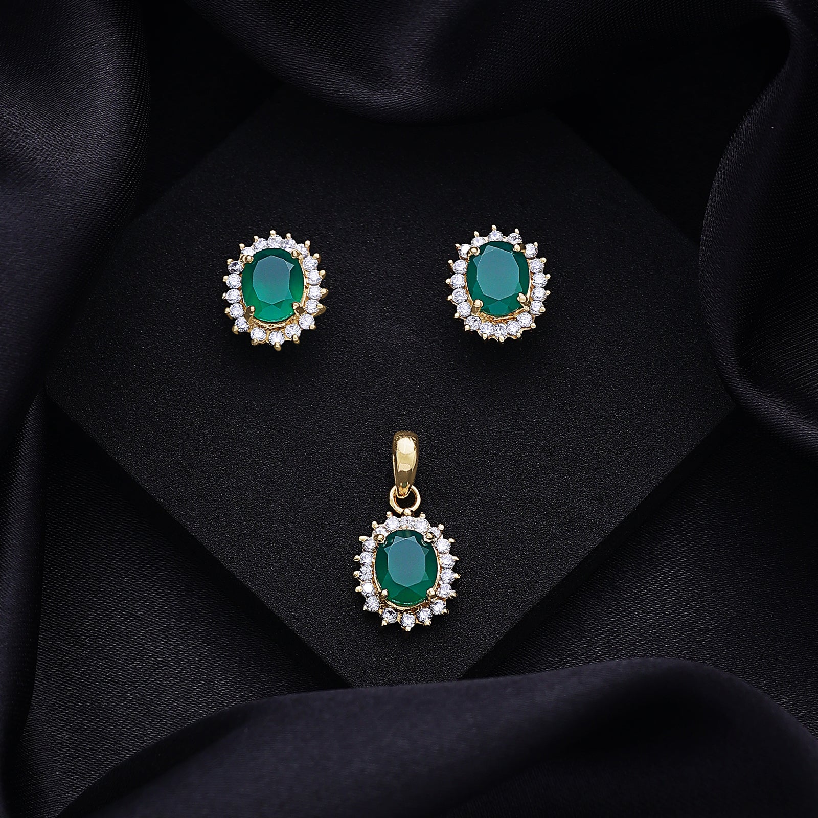 Pure Silver Jewellery Sets - Royal Emerald Earrings With CZ Pendant Set - Tweov Jewels