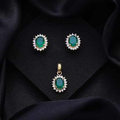 Pure Silver Jewellery Sets - Royal Emerald Earrings With CZ Pendant Set - Tweov Jewels
