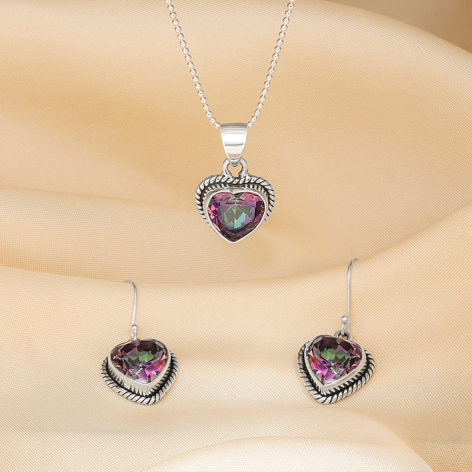 Pure Silver Jewellery Set - Heart Shaped CZ Studded Pendant Set - Tweov Jewels
