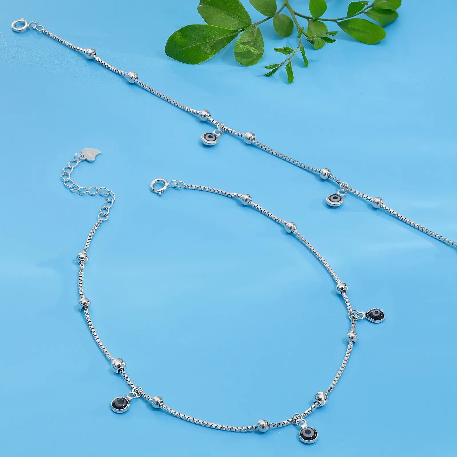 Evil Eye Silver Snake Chain Anklet - Tweov Jewels