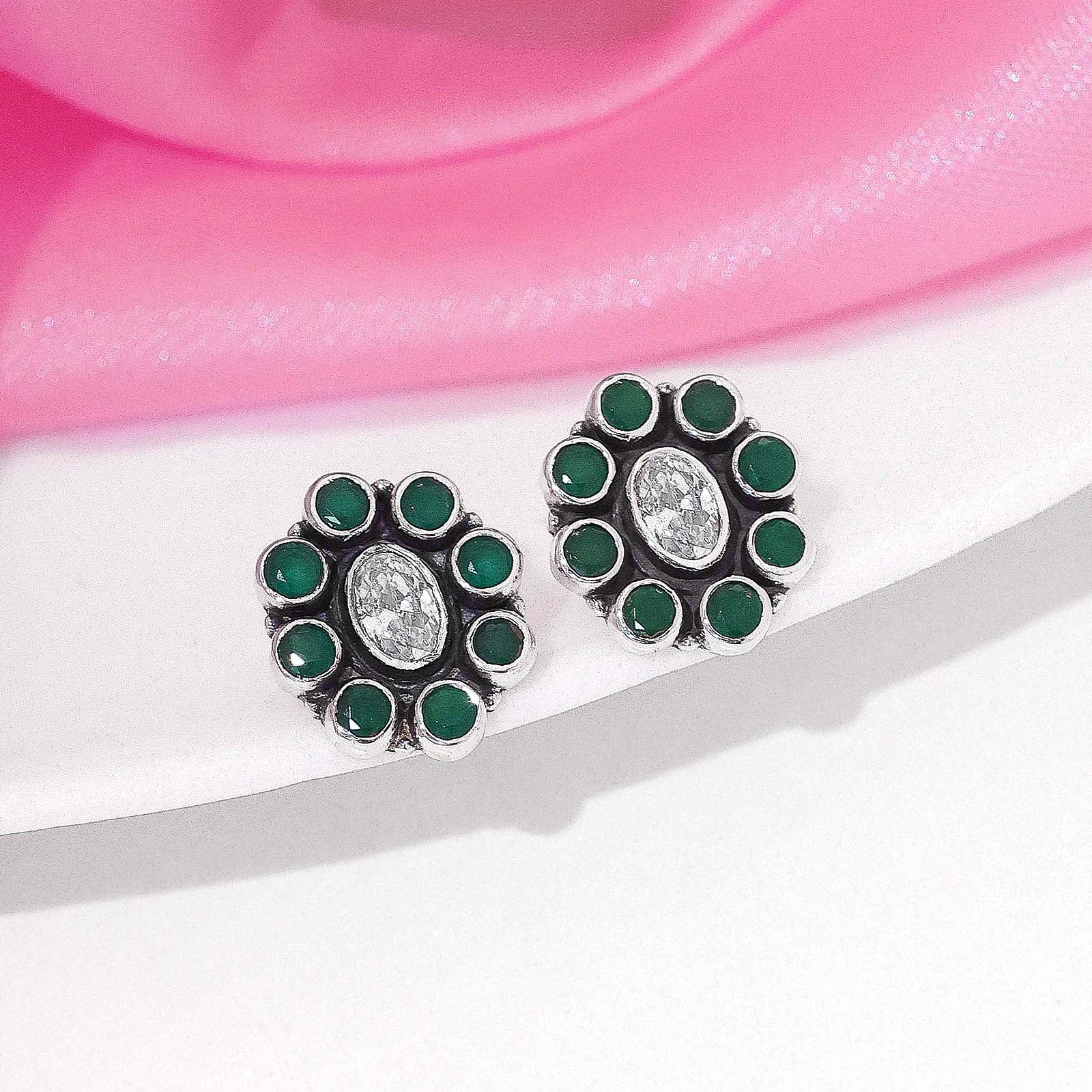 Oxidized Silver Green Stone Stud Earrings