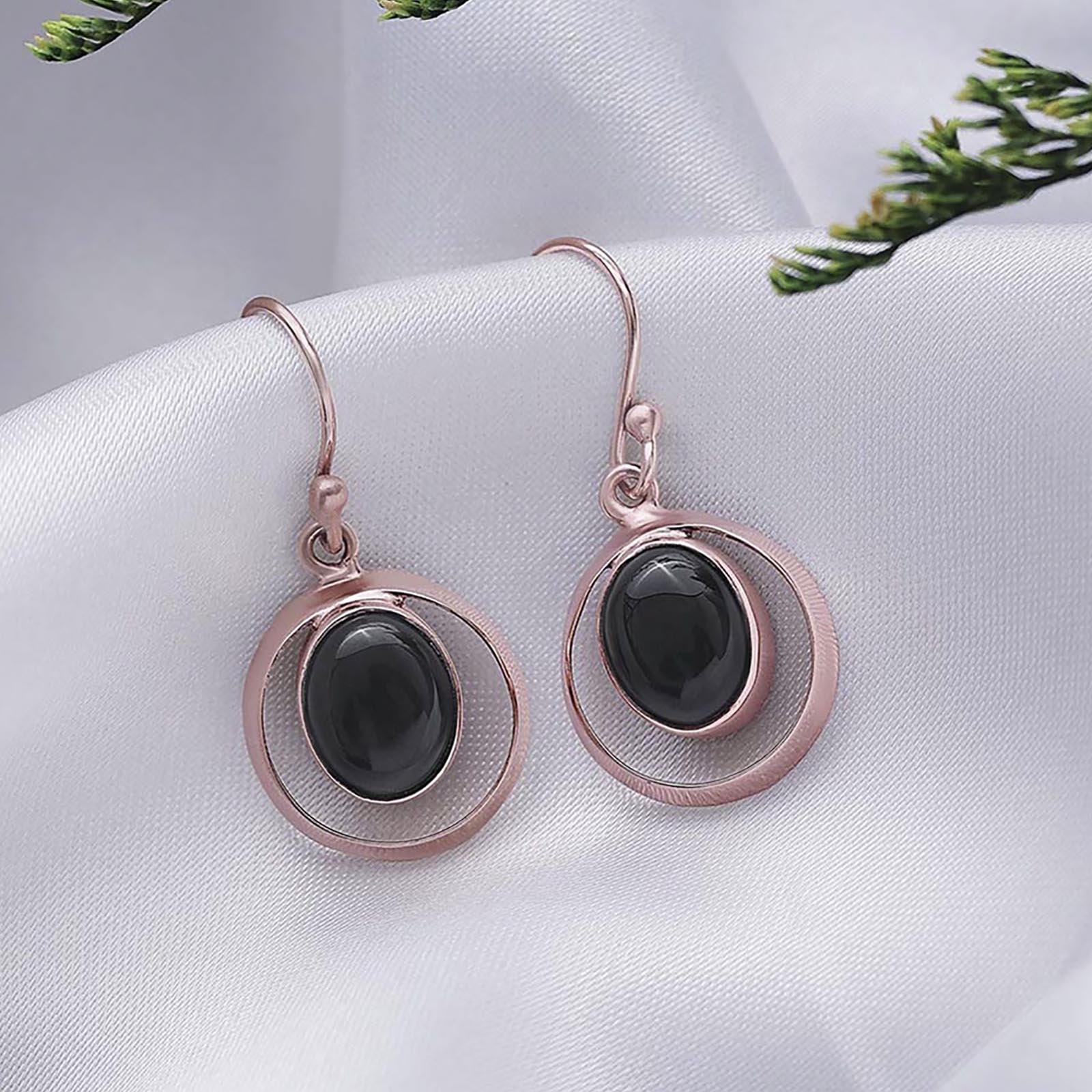 Pure Silver Earrings - Black Onyx Drop With Rose Gold Finish - Tweov Jewels