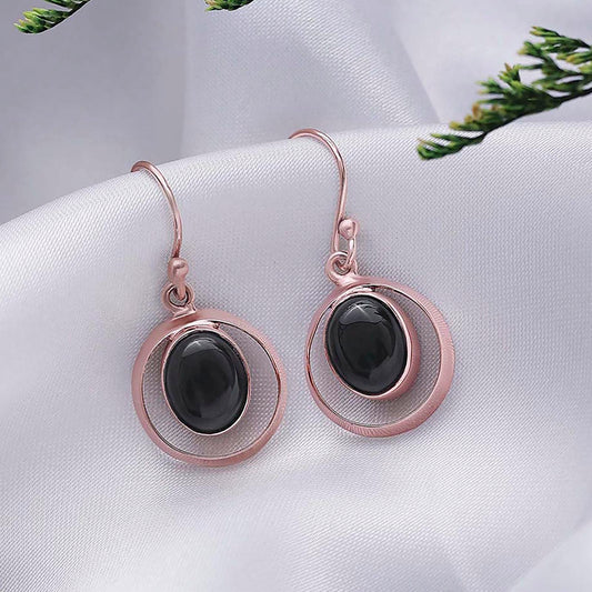 Pure Silver Earrings - Black Onyx Drop With Rose Gold Finish - Tweov Jewels
