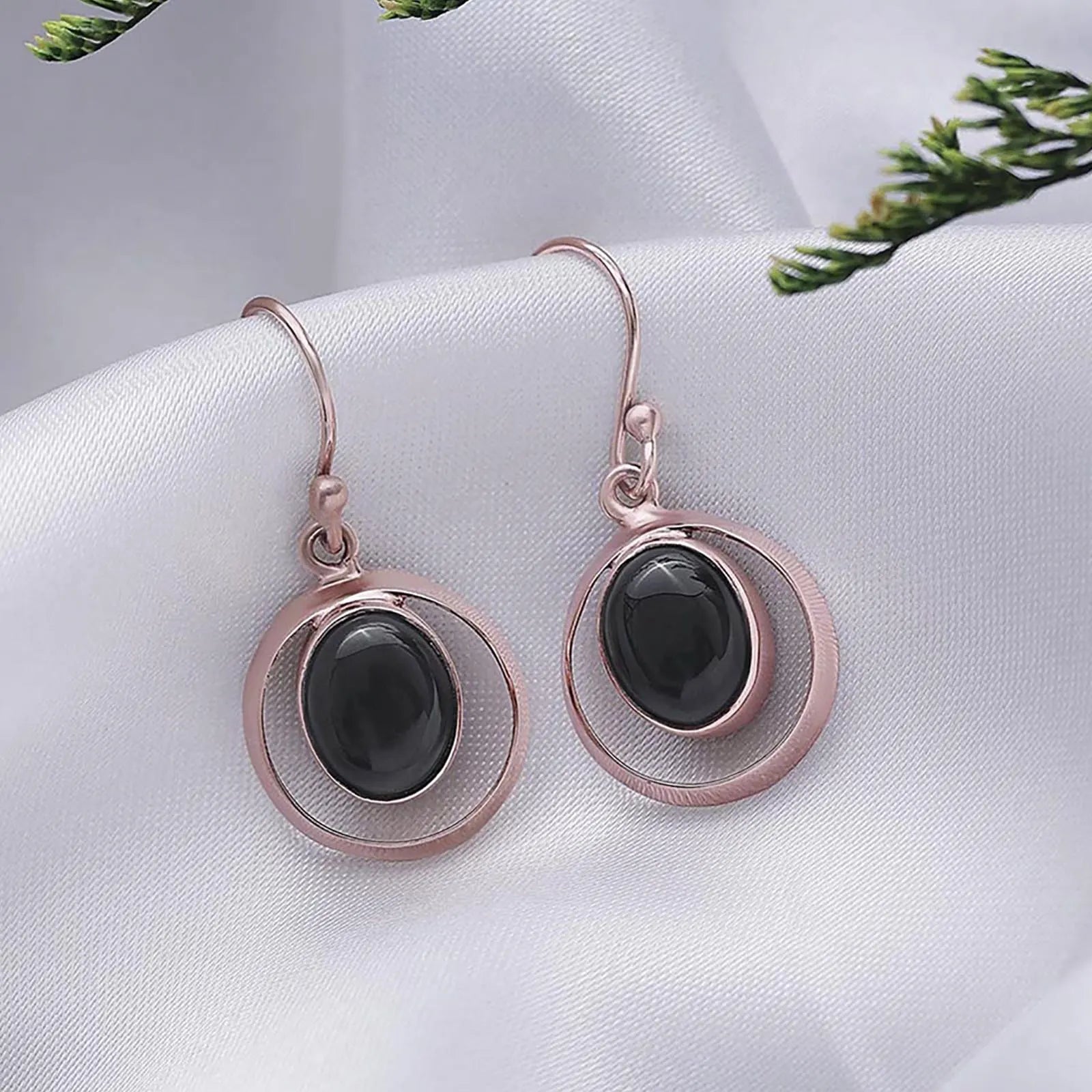 Pure Silver Earrings - Black Onyx Drop With Rose Gold Finish - Tweov Jewels