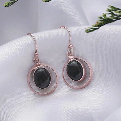Pure Silver Earrings - Black Onyx Drop With Rose Gold Finish - Tweov Jewels
