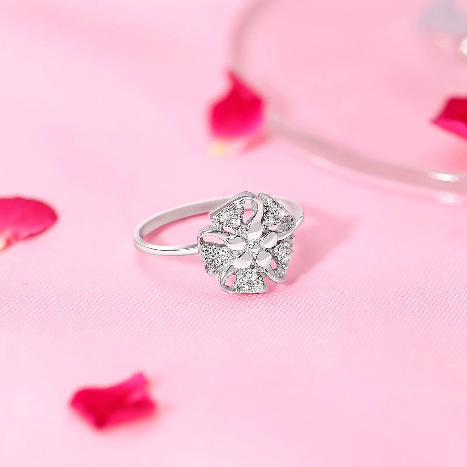 Trendy Floral CZ Silver Ring