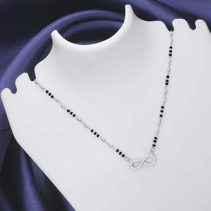 Mangalsutra - Pure Silver Necklace &#8211; Infinity Model With CZ &amp; Black Beads
