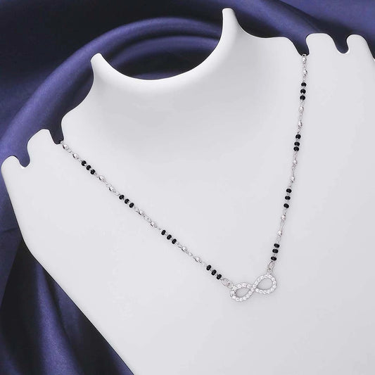 Mangalsutra - Pure Silver Necklace &#8211; Infinity Model With CZ &amp; Black Beads