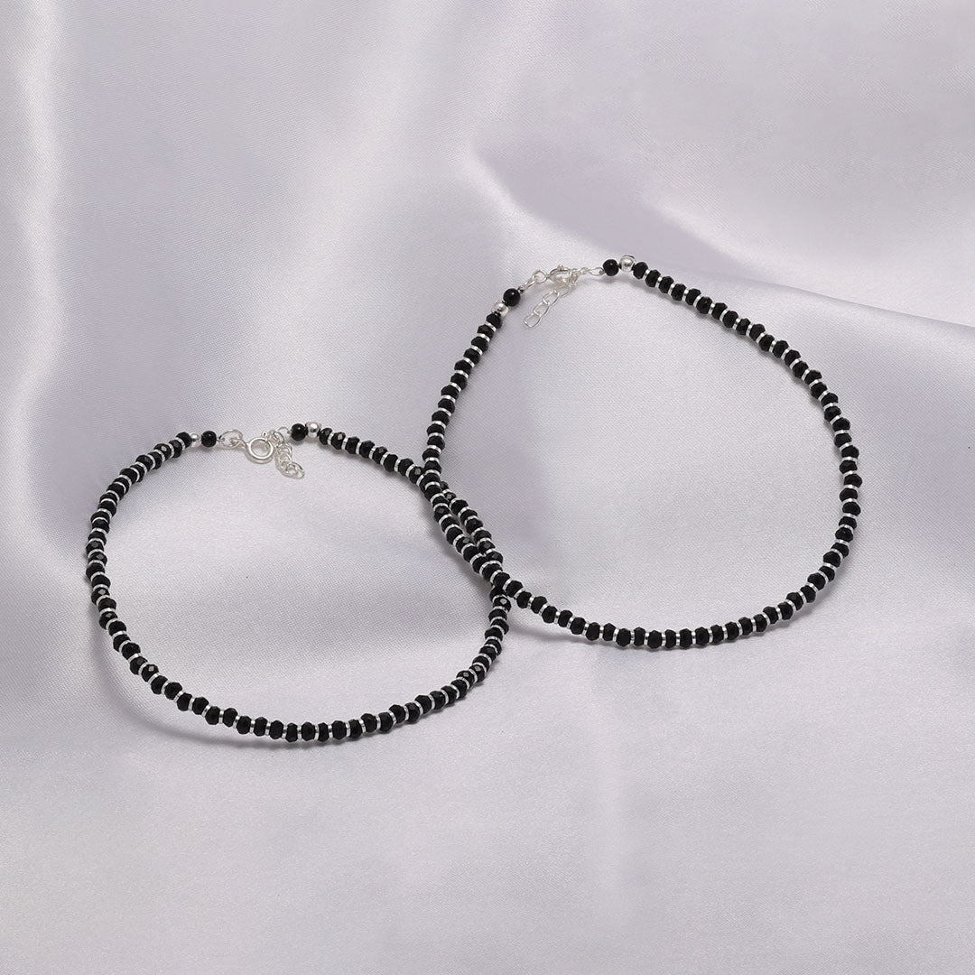 black beads anklets - Pure Silver Anklet &#8211; Vintage Style Black Beads