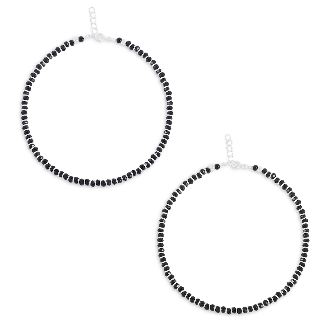 698 - Pure Silver Anklet &#8211; Vintage Style Black Beads