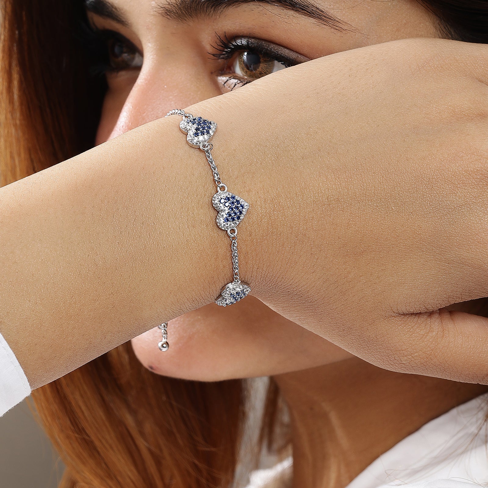 Blue White Heart Silver Chain Bracelet - Tweov Jewels