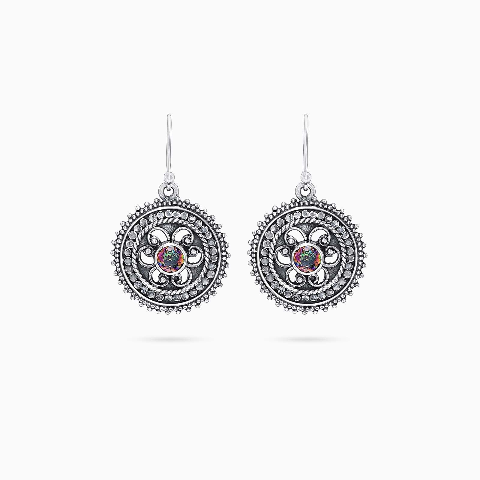 557 - Pure Silver Earrings &#8211; Oxidised Hook With Rainbow CZ