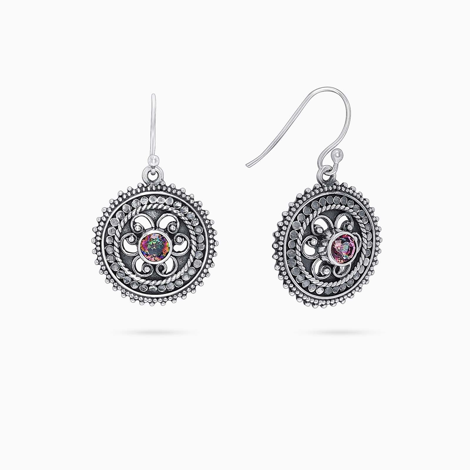 133 - Pure Silver Earrings &#8211; Oxidised Hook With Rainbow CZ