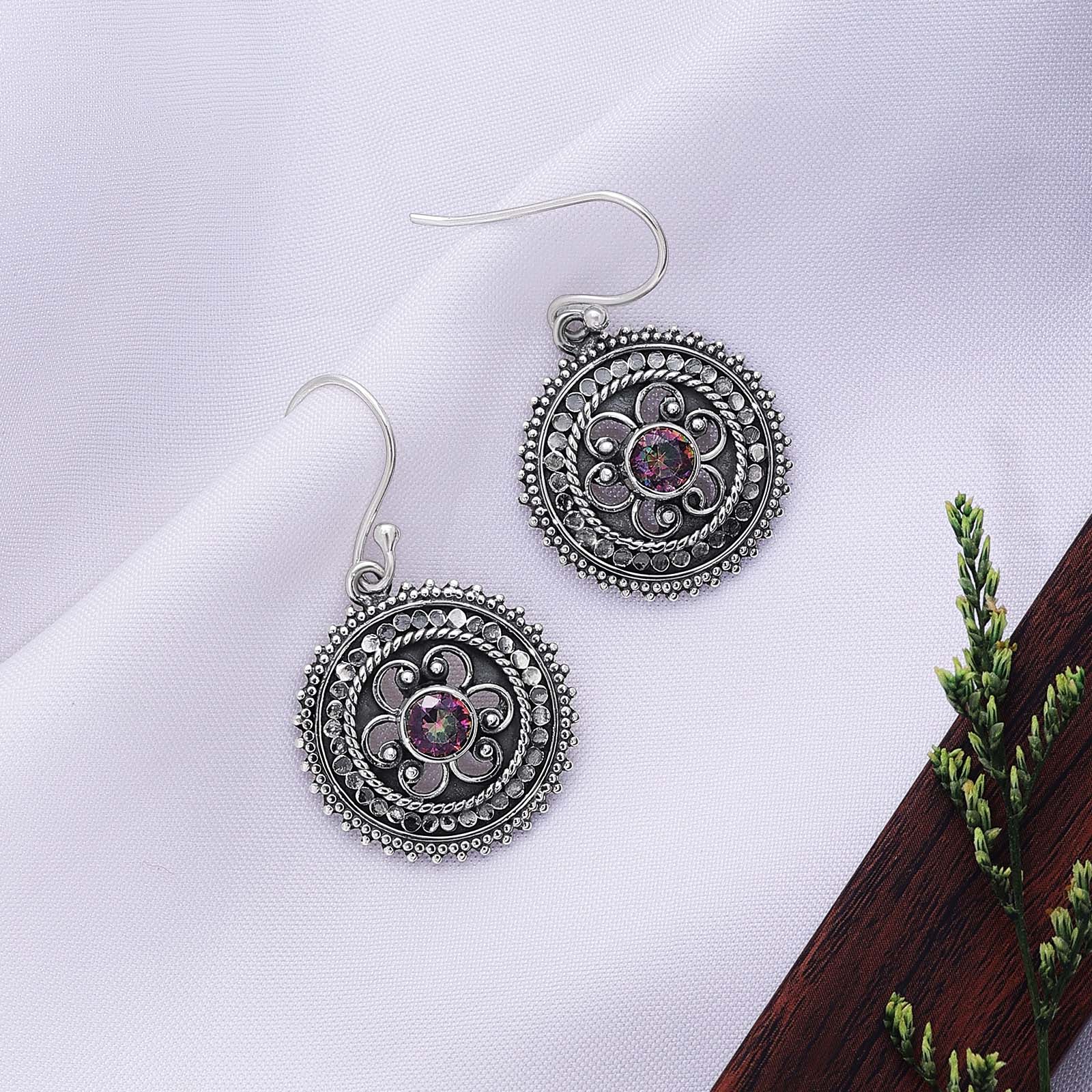 Silver Earrings - Pure Silver Earrings &#8211; Oxidised Hook With Rainbow CZ