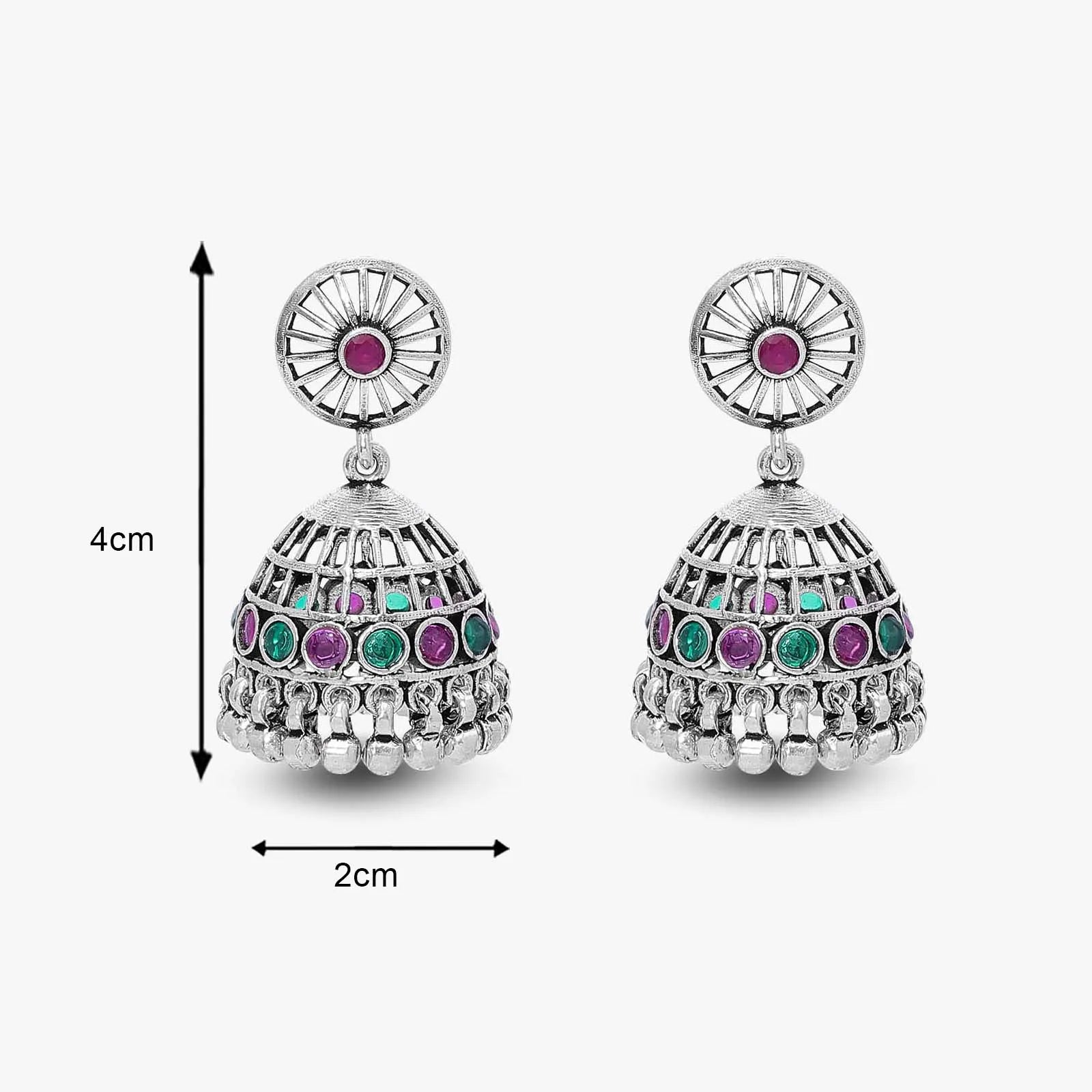 Pink & Green Stone Silver Jhumka Earrings