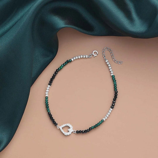 black beads anklets - Pure 925 Silver Anklet &#8211; Sleek Style Black &amp; Green Crystals