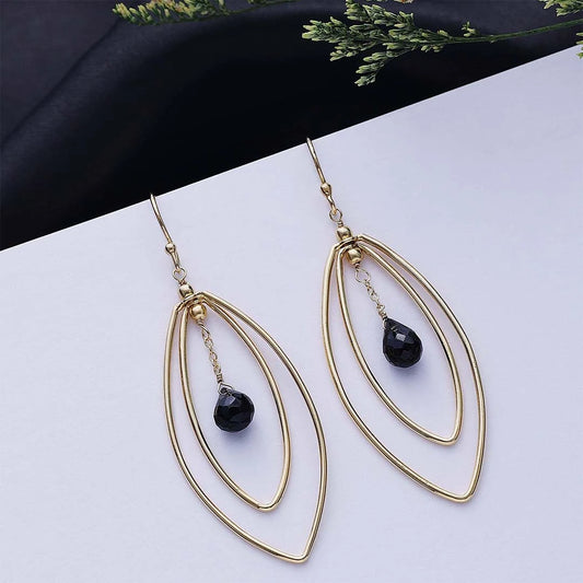 Drop Earrings - Pure Silver Earrings &#8211; Long Black Onyx Danglers With Gold Finish