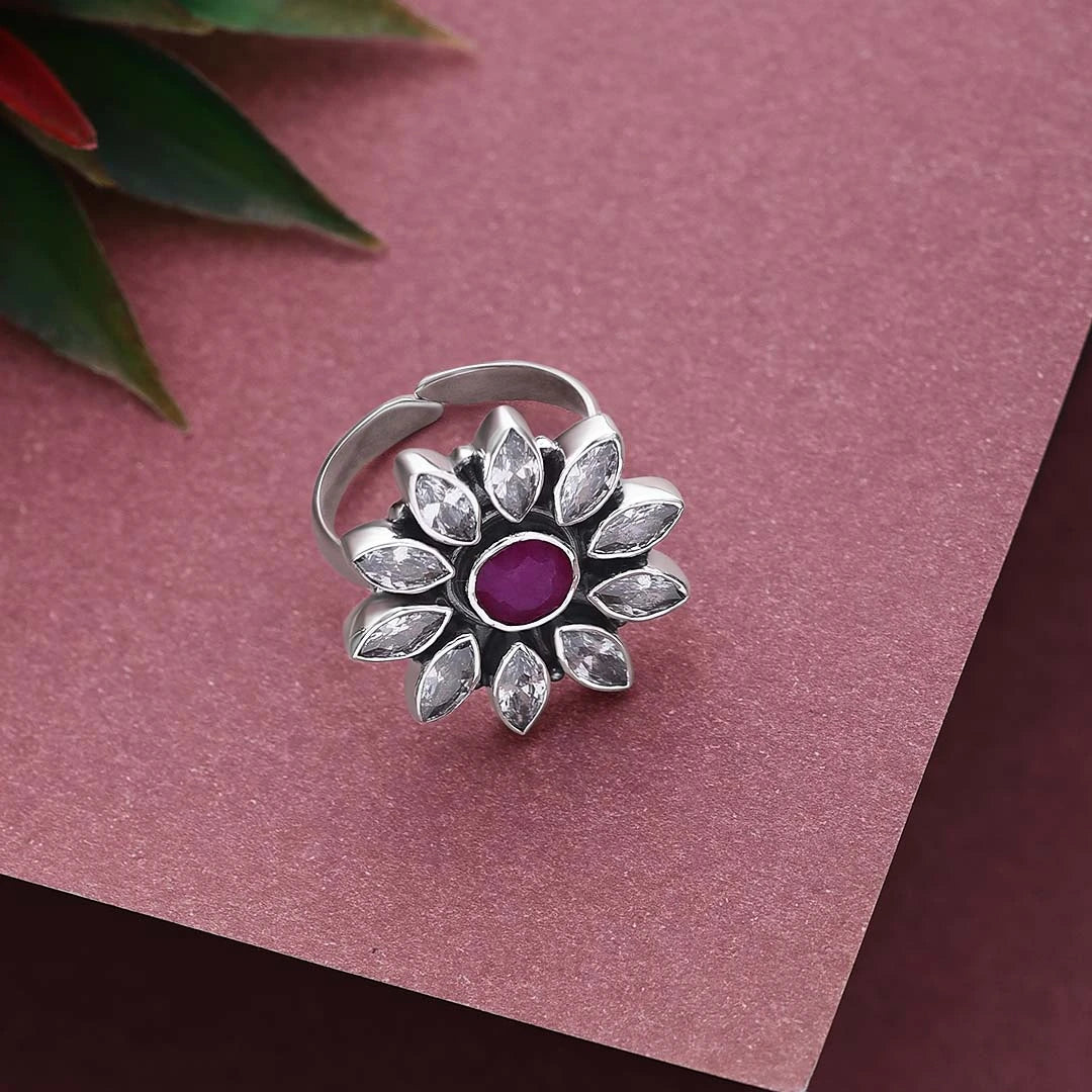 Cocktail Rings - Pure Silver Ring &#8211; Antique Floral Pink Ruby Stone