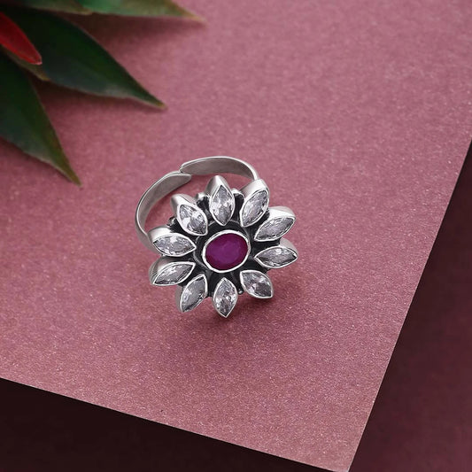 Cocktail Rings - Pure Silver Ring &#8211; Antique Floral Pink Ruby Stone