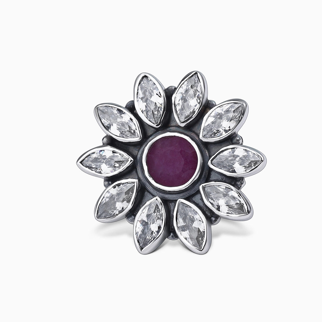 Silver Rings - Pure Silver Ring &#8211; Antique Floral Pink Ruby Stone
