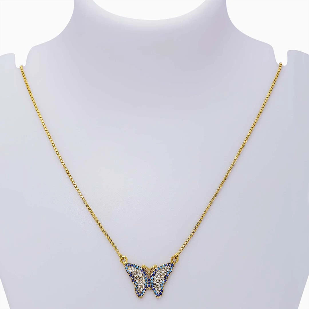 Silver Necklaces - Pure 925 Silver Necklace &#8211; Multicolor CZ Butterfly With Gold Finish