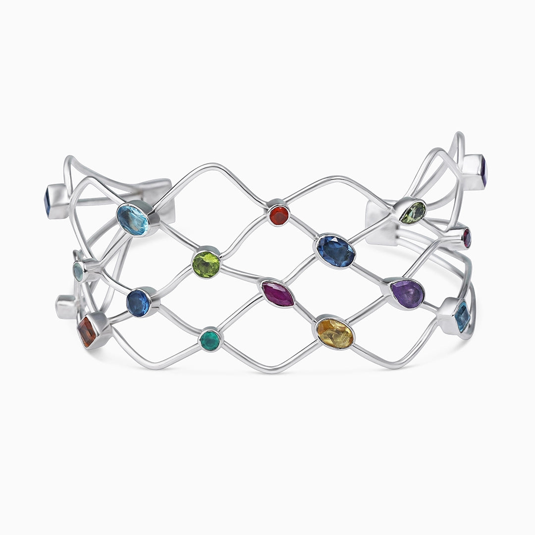 Silver Charm Bracelets - Silver Bracelet for Women &#8211; Multi-Stone Elegance Cuff Model