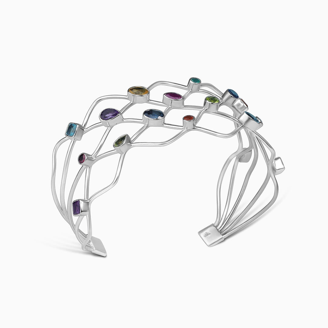 Pure Silver Bracelet for Men &amp; Women - Silver Bracelet for Women &#8211; Multi-Stone Elegance Cuff Model