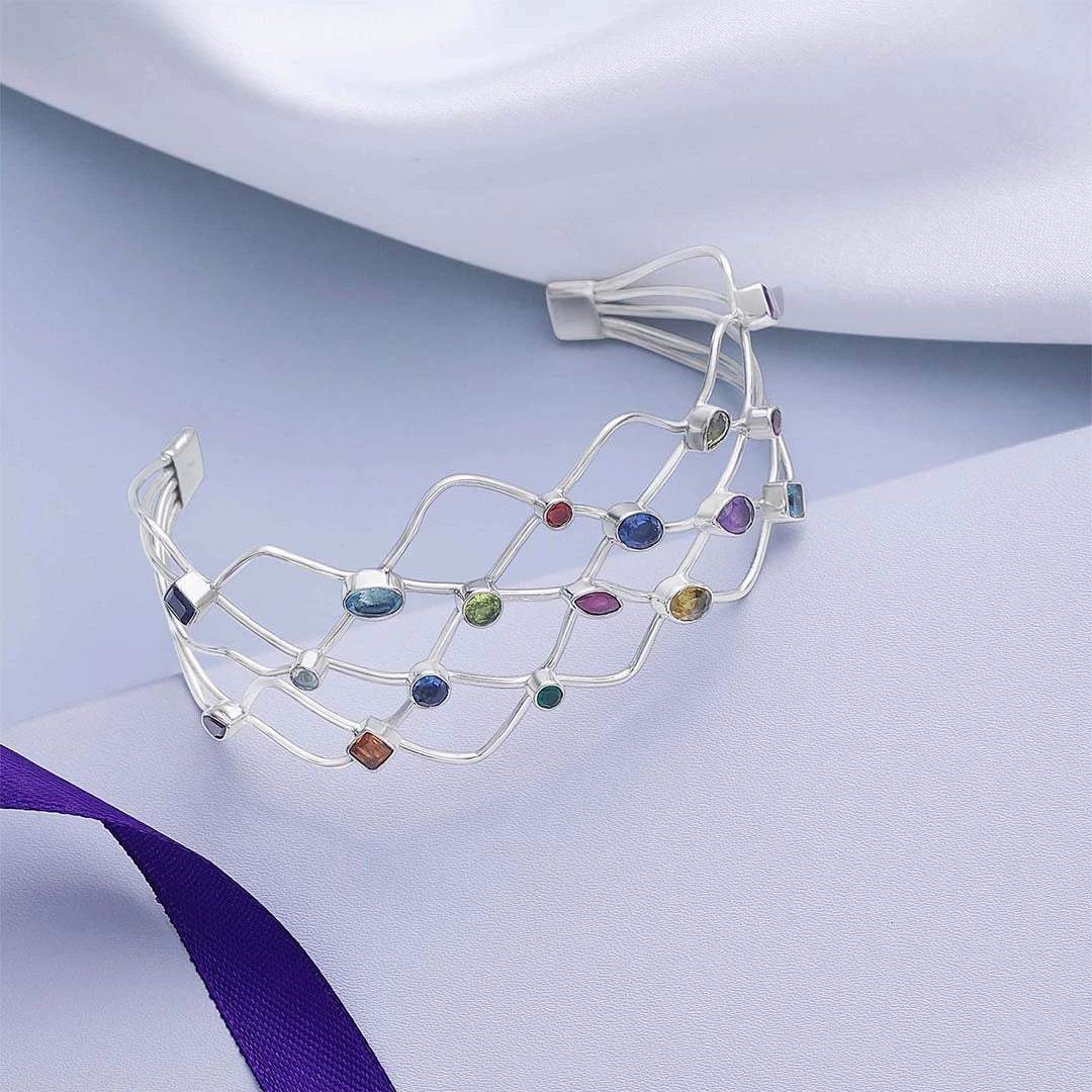 Contemporary Jewellery - Silver Bracelet for Women &#8211; Multi-Stone Elegance Cuff Model