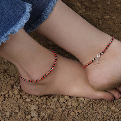 Silver anklets - Pure Silver Anklet &#8211; Stylish Duo Red-Black Beads