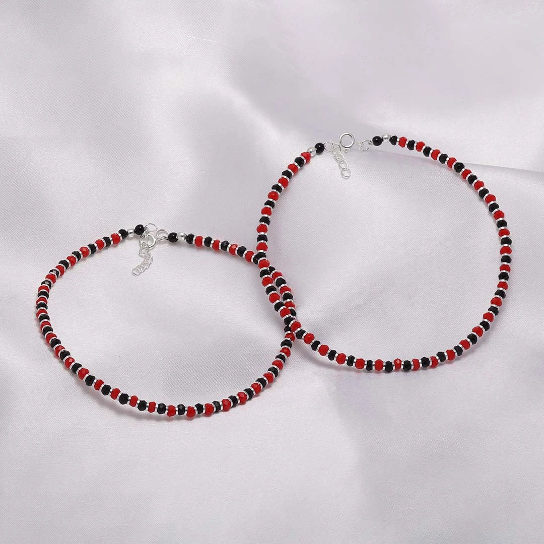 black beads anklets - Pure Silver Anklet &#8211; Stylish Duo Red-Black Beads