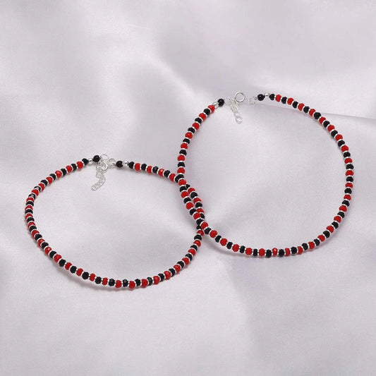 black beads anklets - Pure Silver Anklet &#8211; Stylish Duo Red-Black Beads