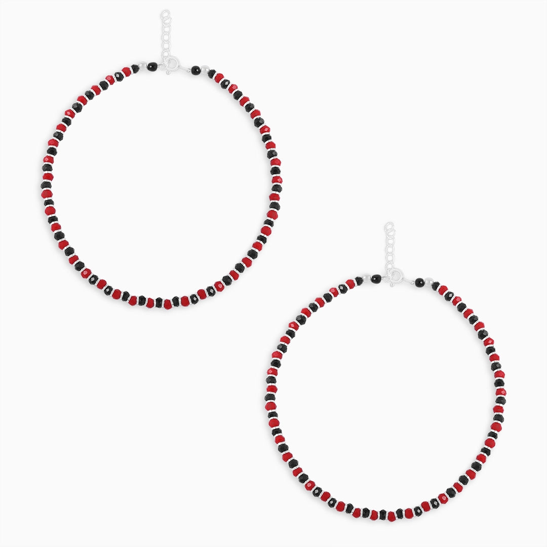 321 - Pure Silver Anklet &#8211; Stylish Duo Red-Black Beads