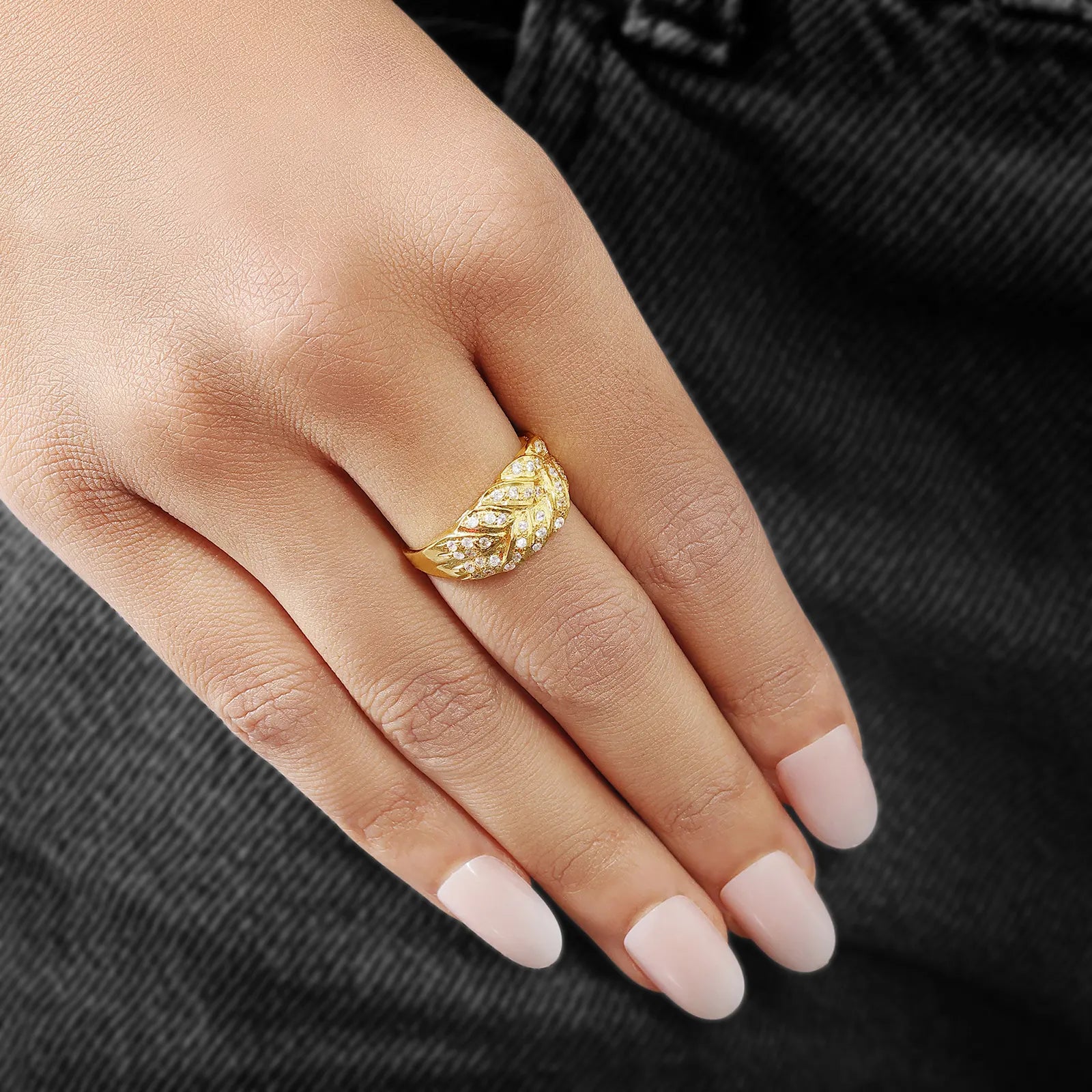 Gold Plated AD Wide Silver Leaf Ring