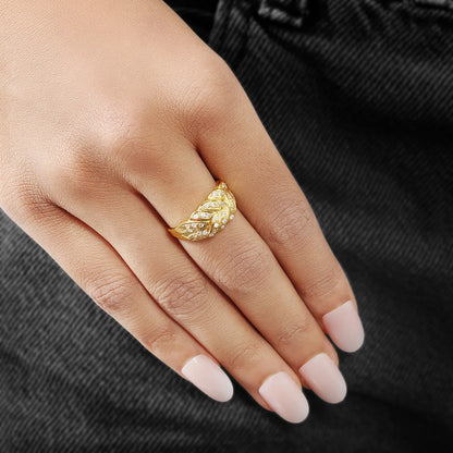 Gold Plated AD Wide Silver Leaf Ring
