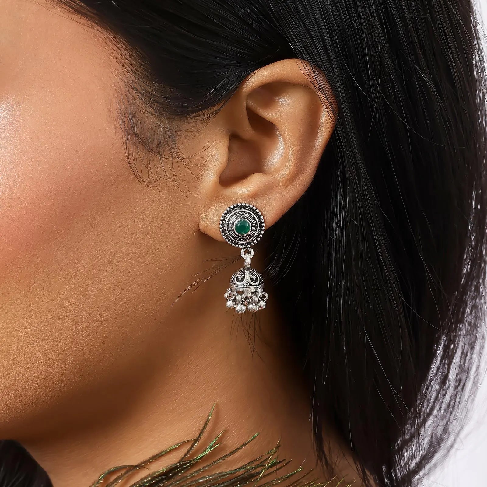 Silver Green Stone Studded Oxidised Jhumka Earrings - Tweov Jewels