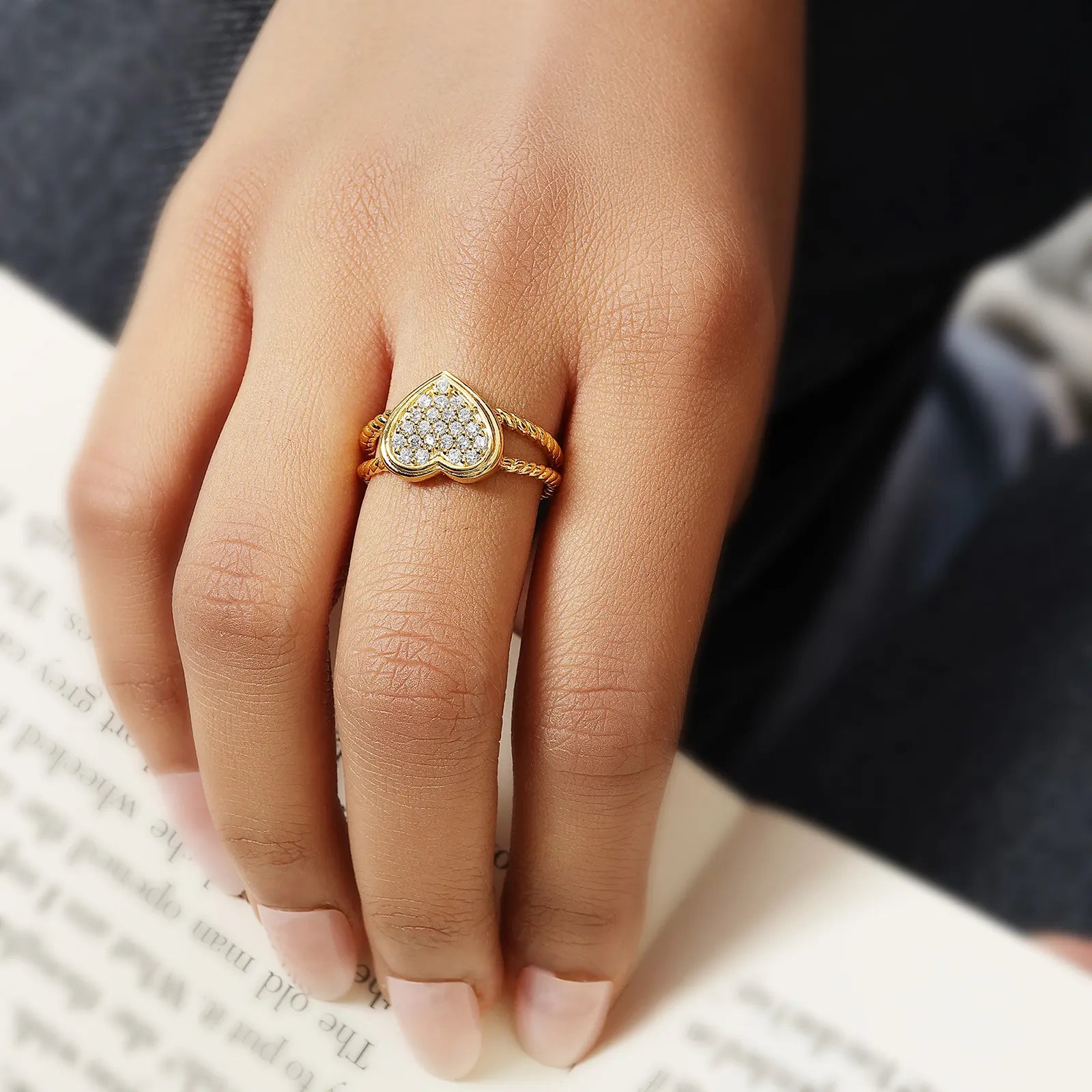Golden Zircon Heart Silver Ring