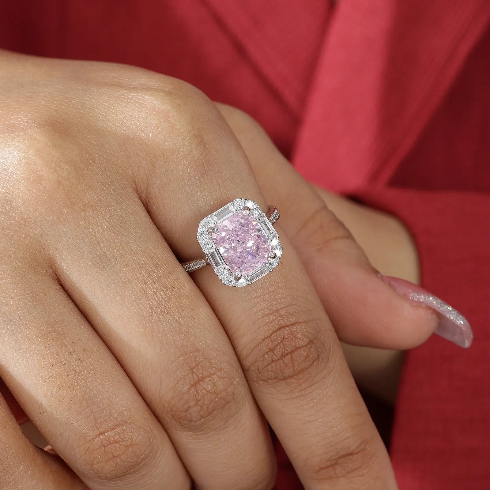 Pink Emerald Cut Diamond Studded Silver Ring - Tweov Jewels