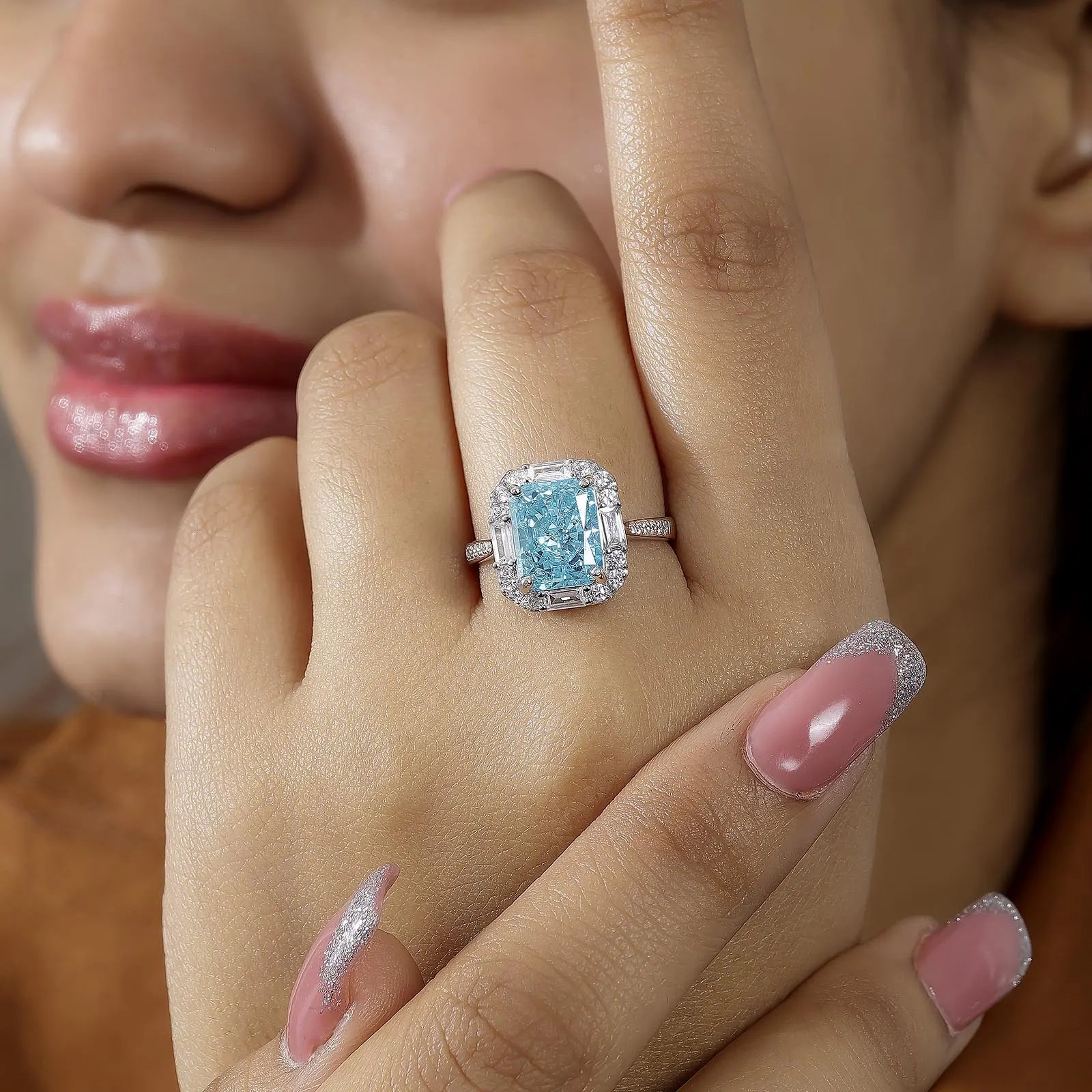Sky Blue Emerald Cut Diamond Studded Silver Ring - Tweov Jewels